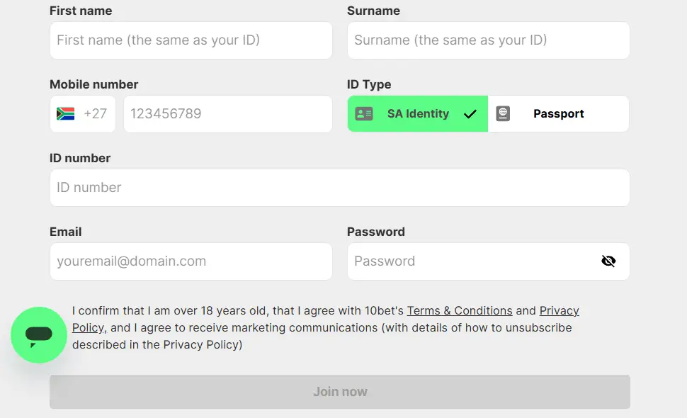 Registration form in 10bet Casino